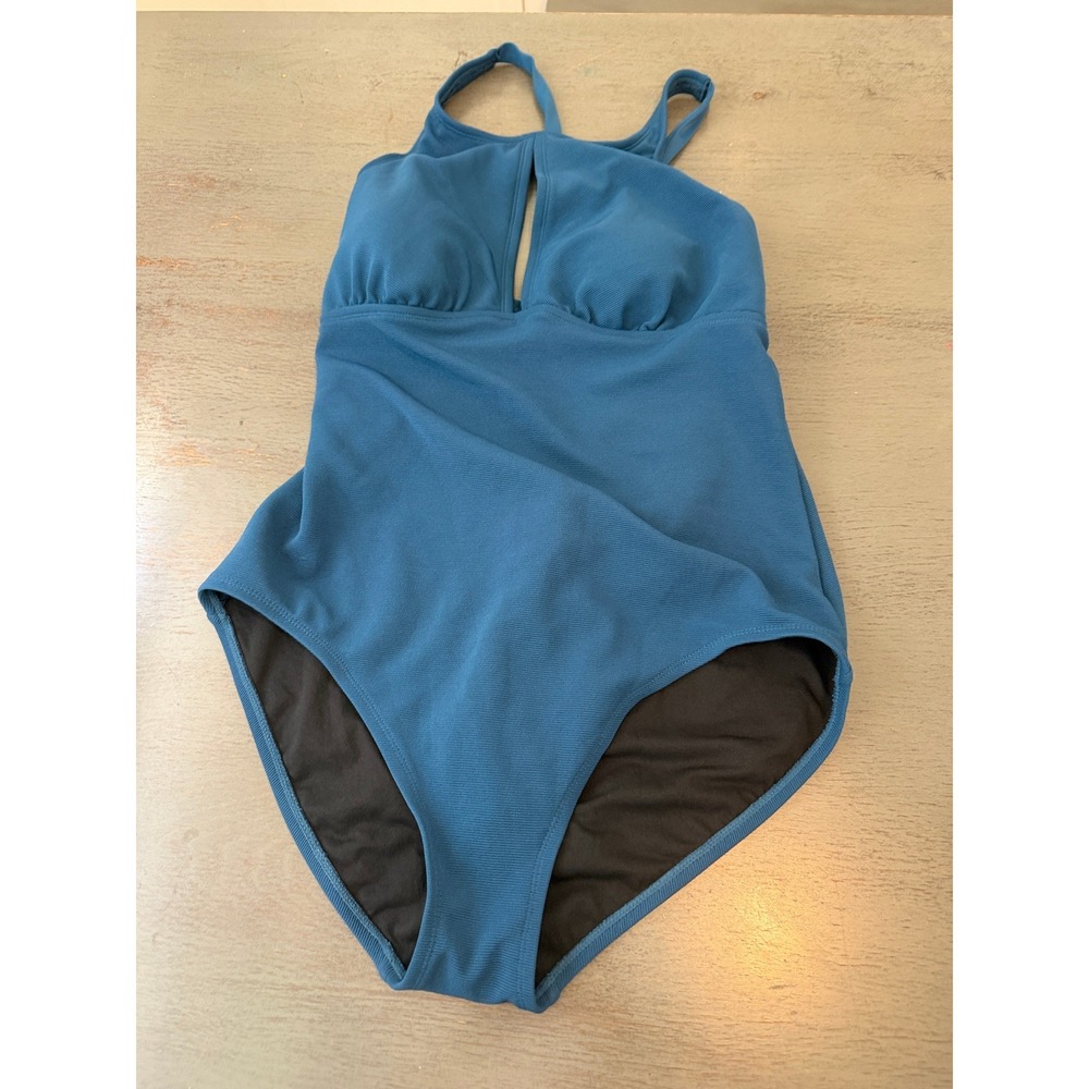 Kona Sol Womens XL Blue Ribbed High Neck Keyhole One Piece Swimsuit Tie Back